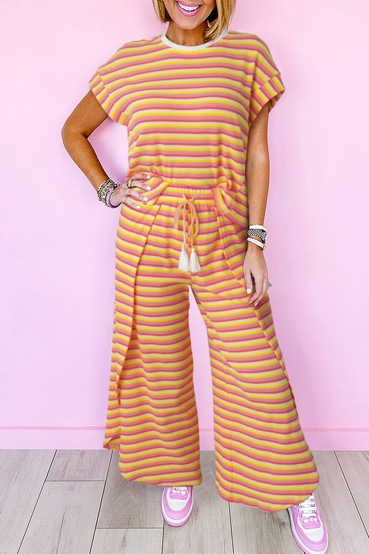 Yellow Stripe Rainbow Tee and Tassel Drawstring Wide Leg Pants Set