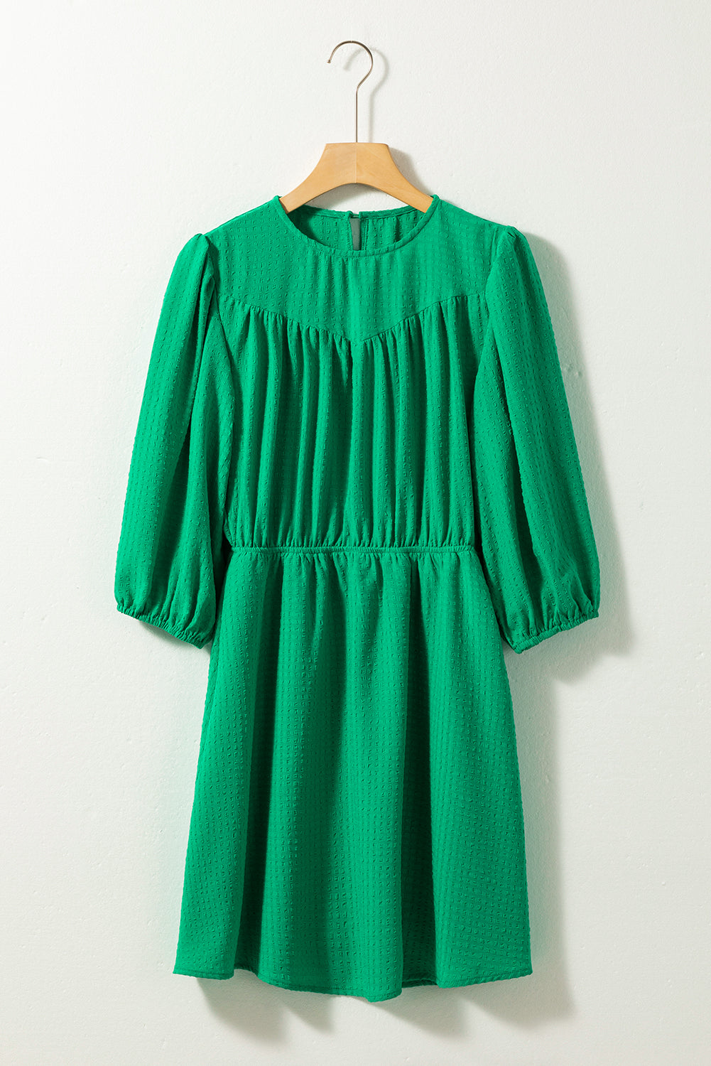 Dark Green Solid Color Round Neck Puff Sleeve Mini Dress