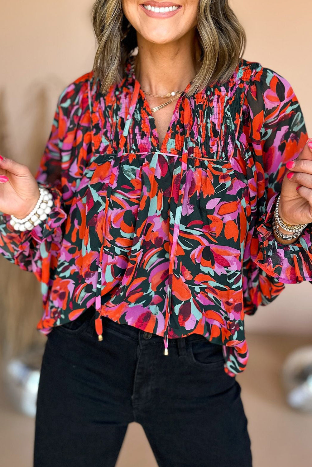 Red Dahlia Abstract Floral Shirred Detail Puff Sleeve Blouse