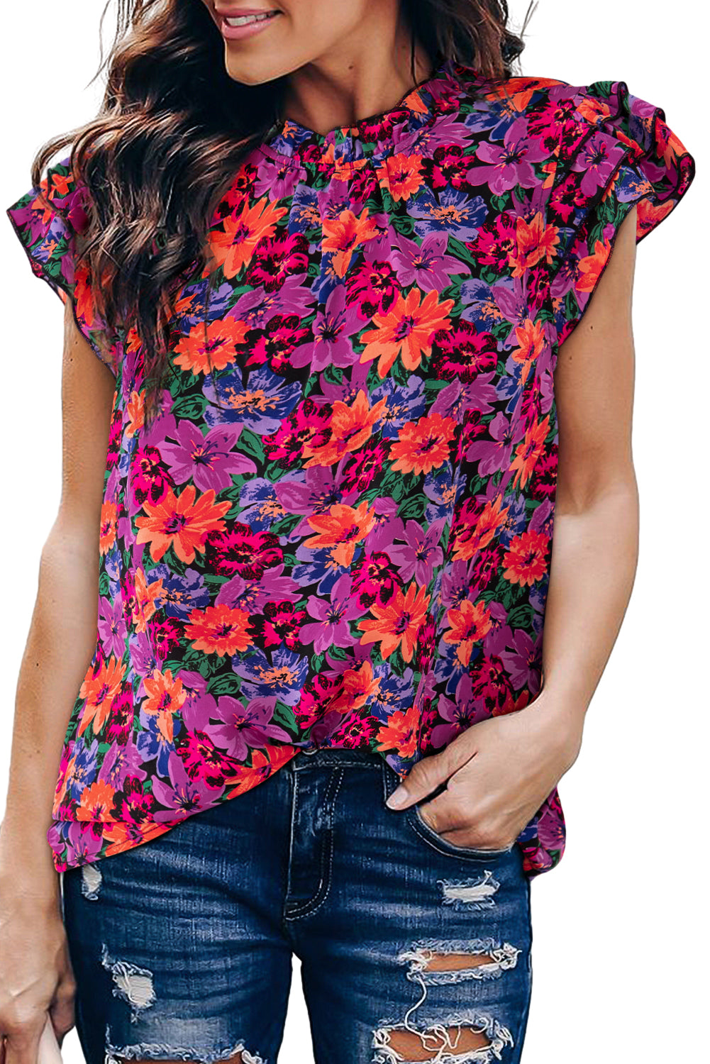 Multicolor Boho Floral Print Ruffle Sleeve Blouse