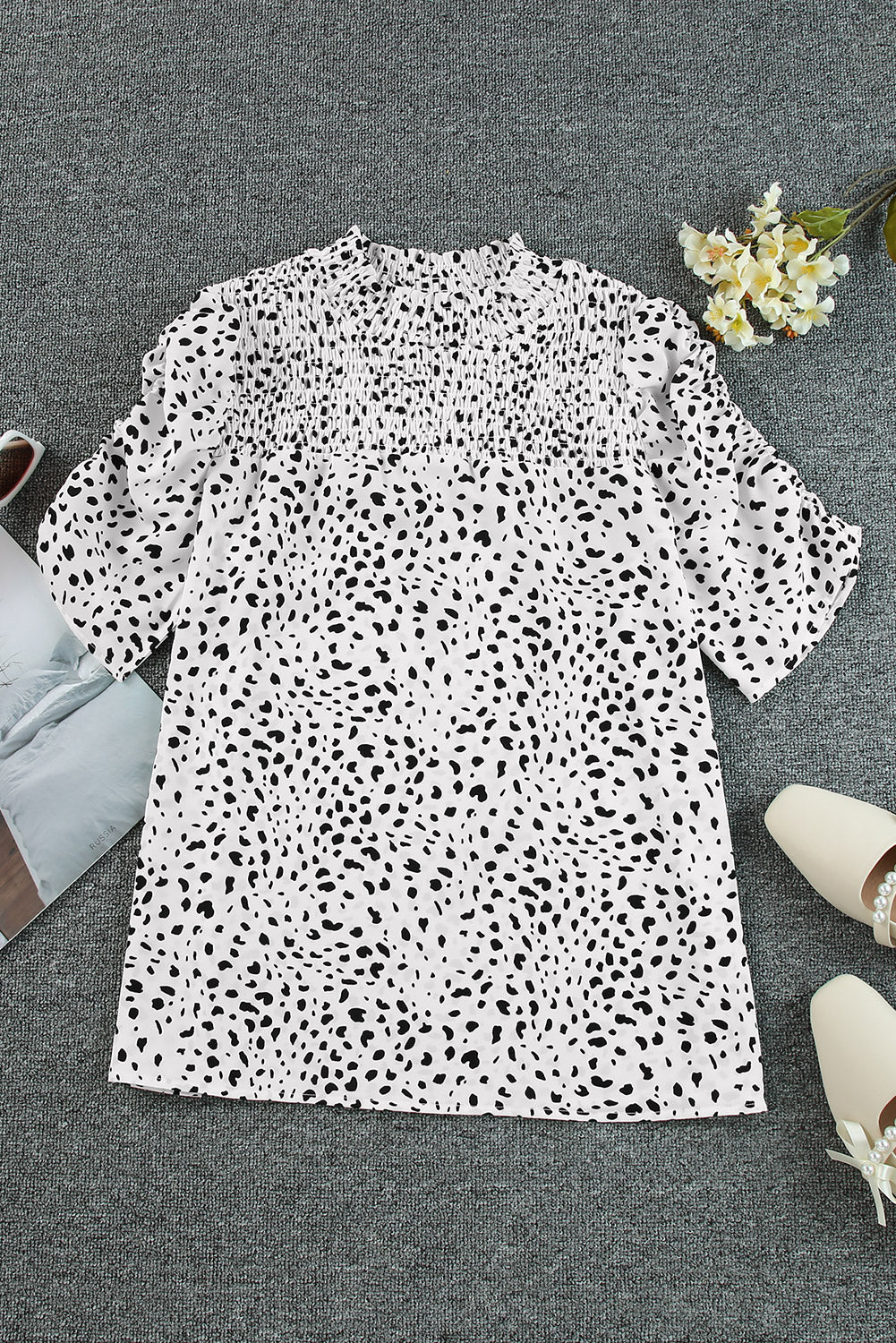 White Leopard Smocked Casual Bubble Sleeve Blouse