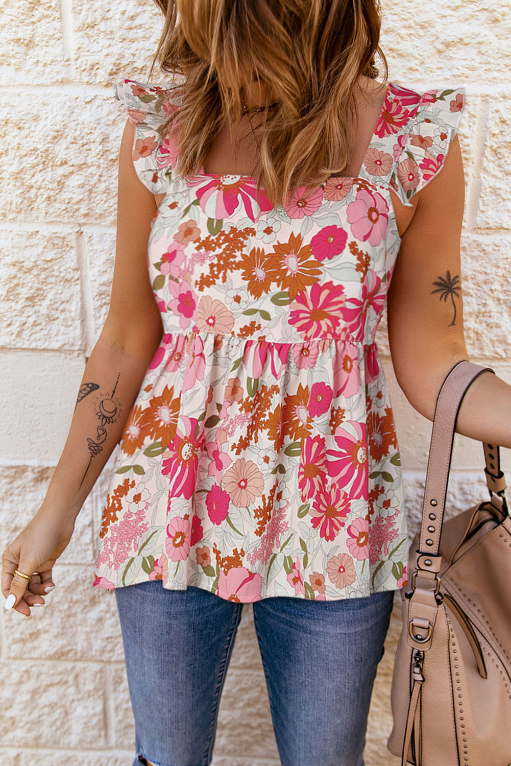 Multicolor Floral Print Flowy Flutter Sleeveless Shirt