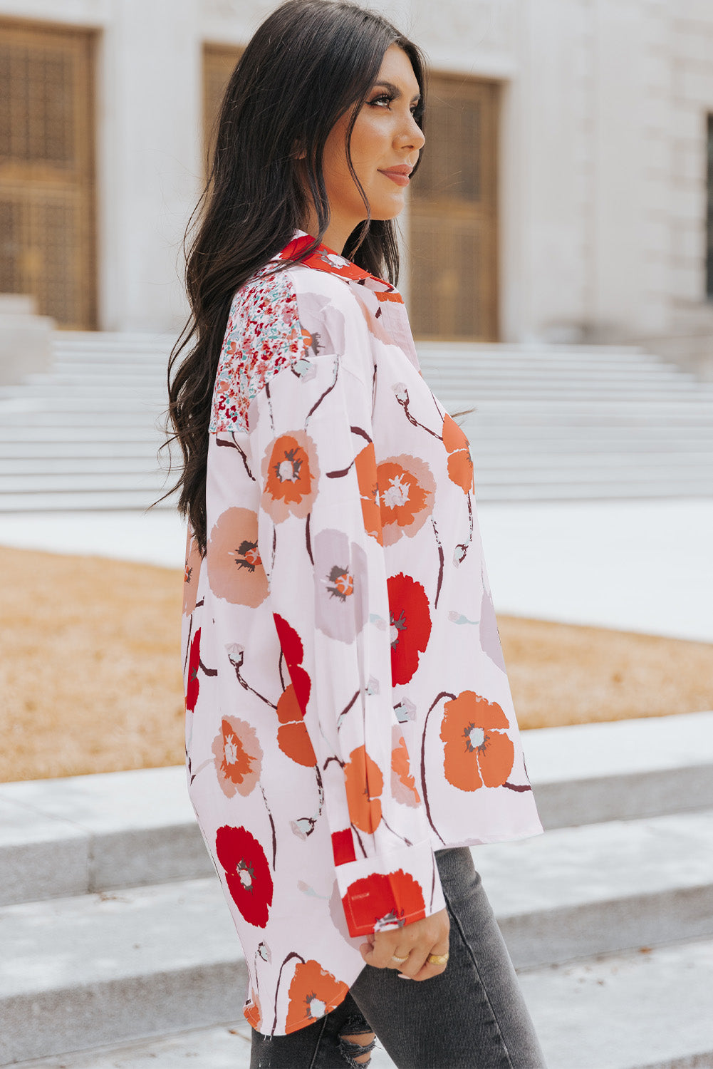 Red Bohemian Floral Pockets Patchwork Button Up Shirt