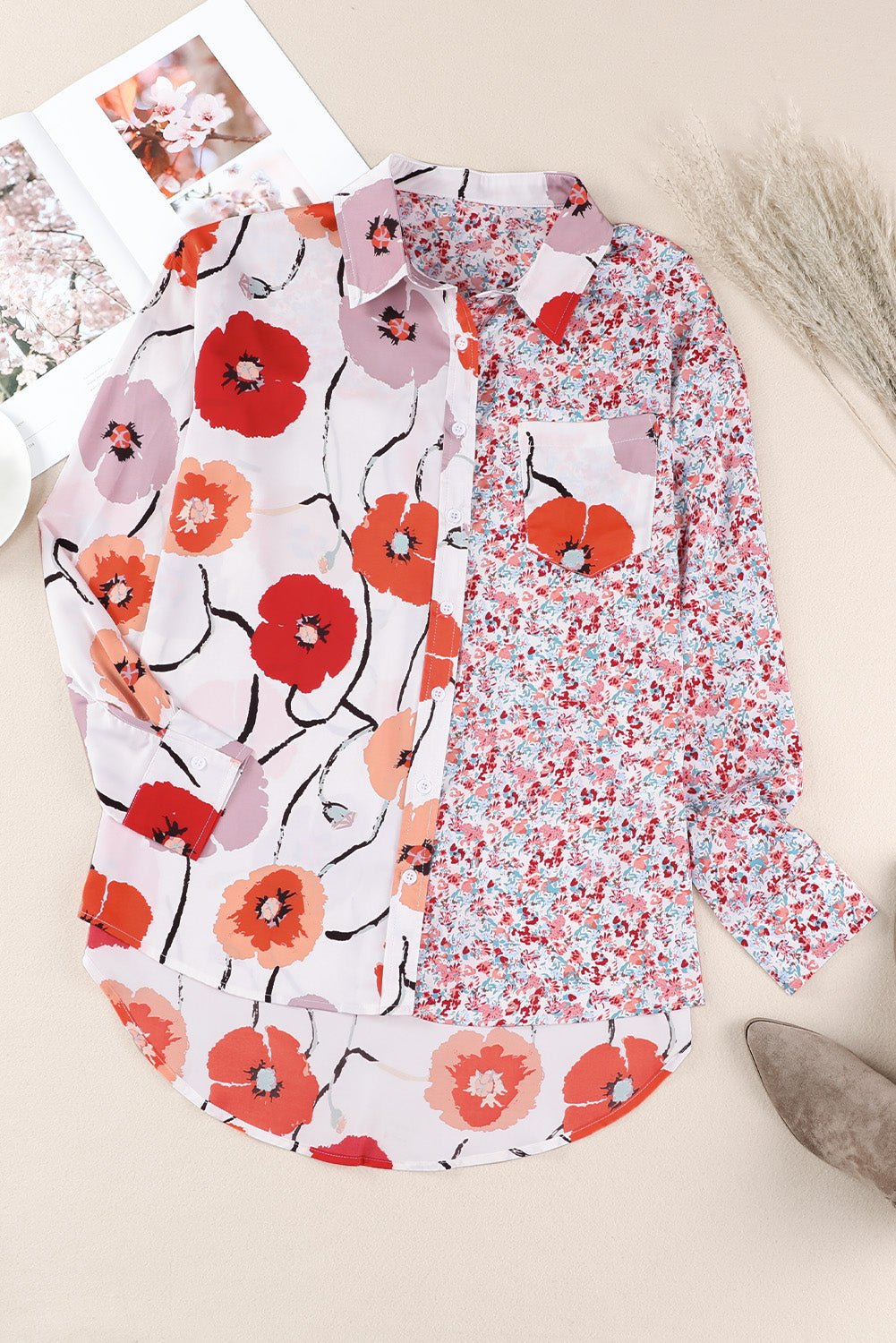 Red Bohemian Floral Pockets Patchwork Button Up Shirt