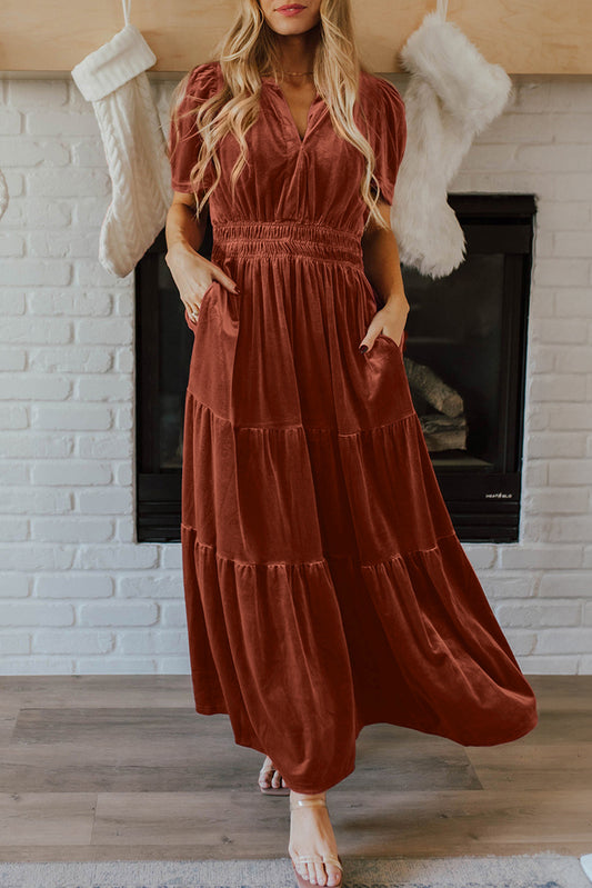 Chestnut Velvet Short Sleeve Shirred Waist Tiered Maxi Dress