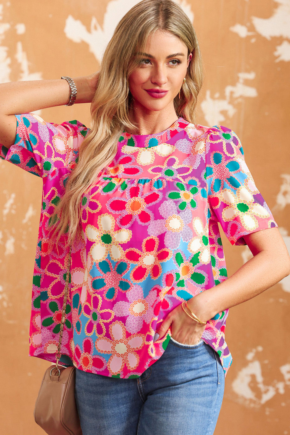 Multicolor Floral Print Tie Back Boho Short Sleeve Blouse