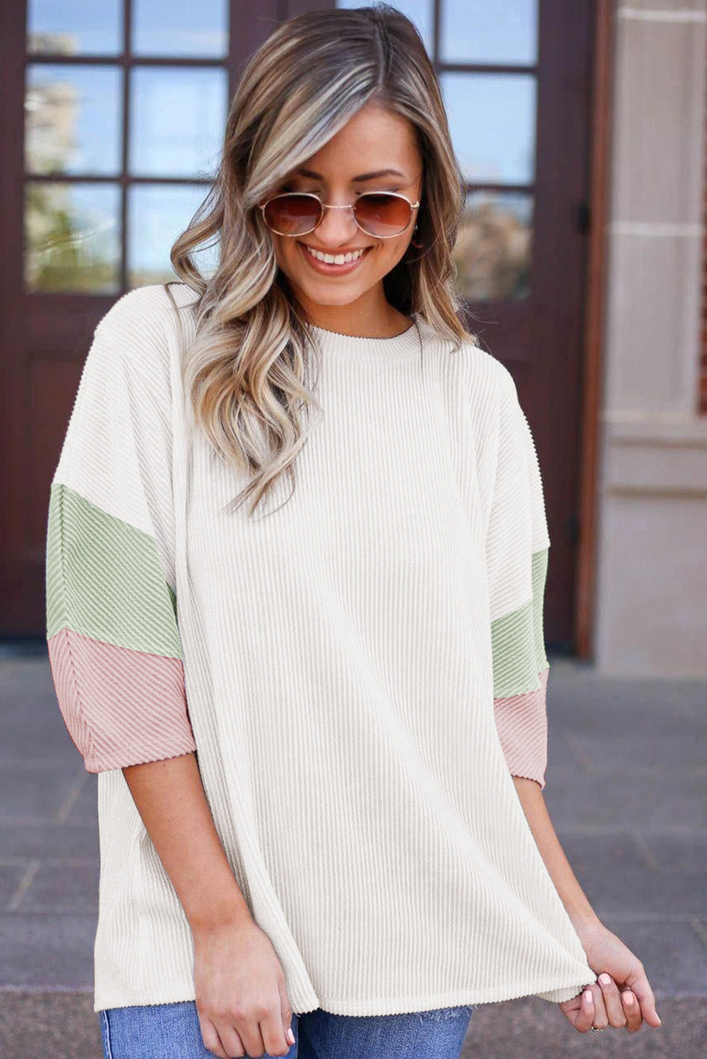 White Pit-striped Colorblock Drop Sleeve Top