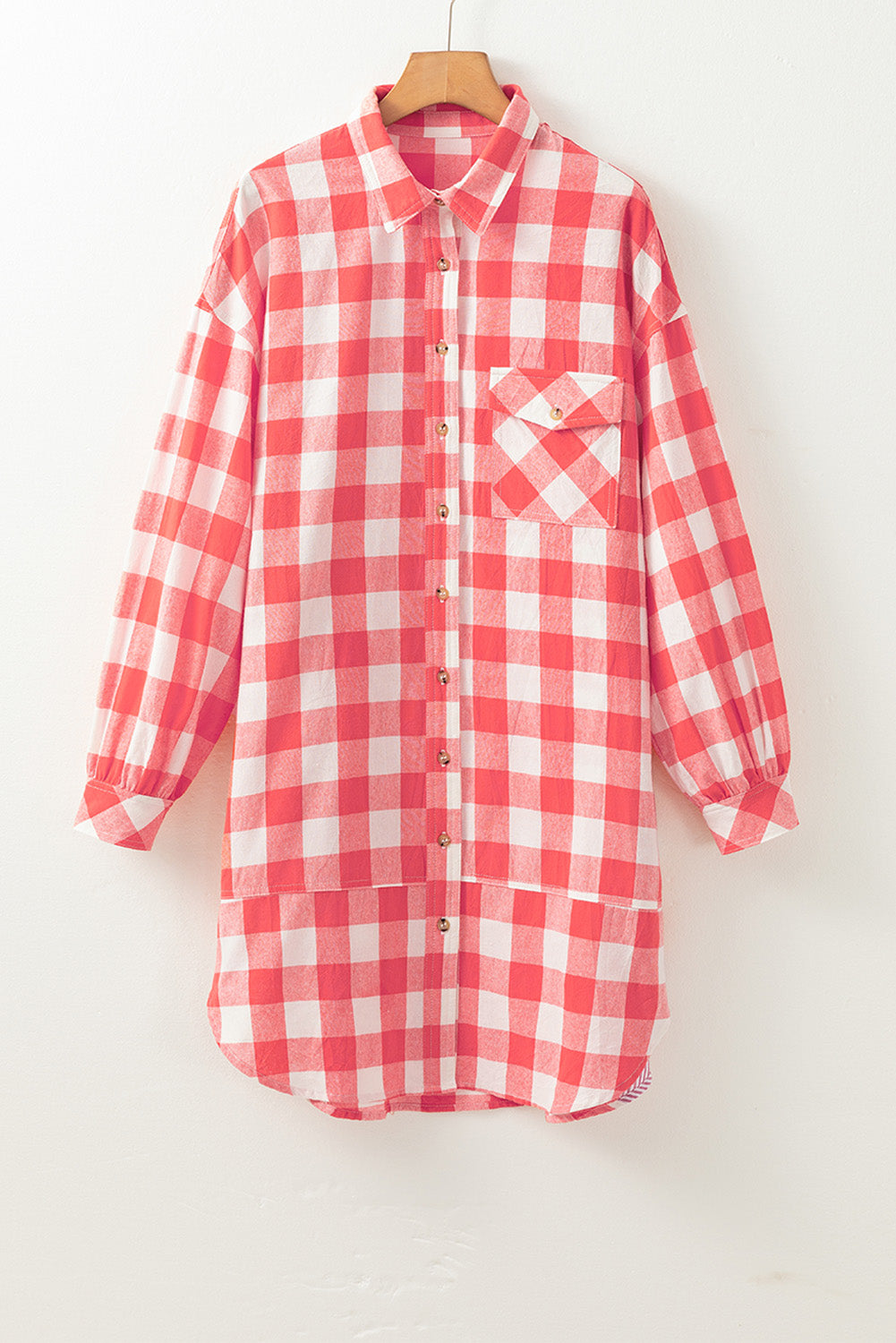 Pink Oversized Plaid Puff Sleeve Round Hem Shirt Dress