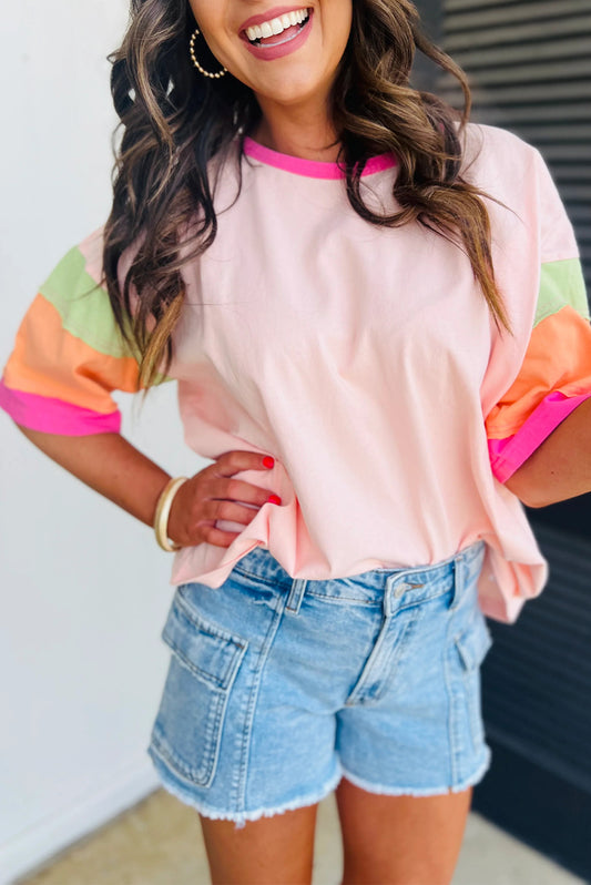 Pink Color Block Sleeve Round Neck Oversize Top