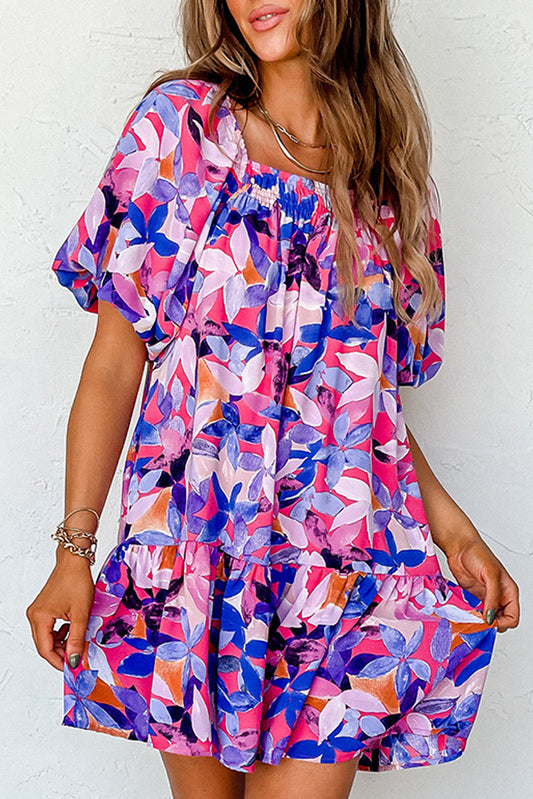 Purple Flower Print Short Puff Sleeve Ruffled Dress