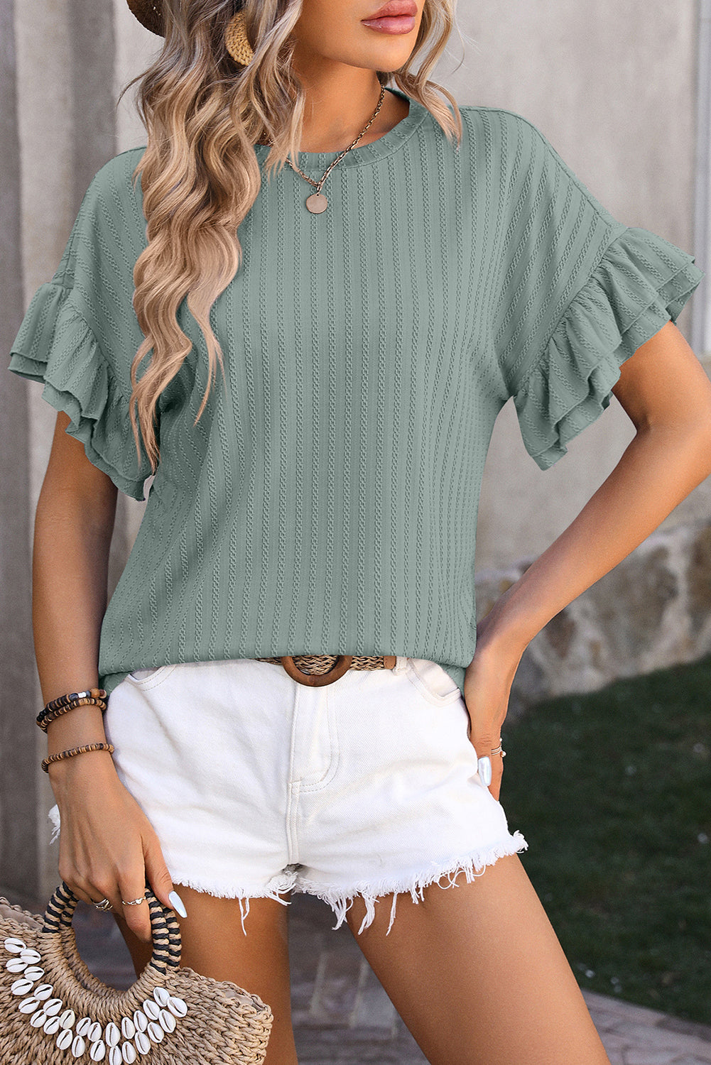 Mist Green Plain Textured Layered Ruffle Sleeve Blouse