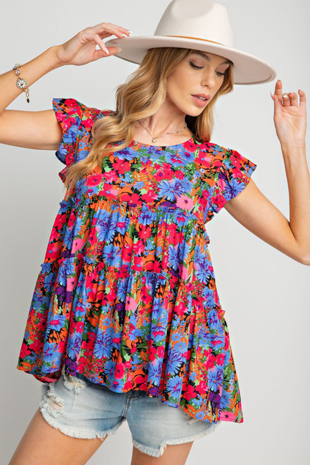 Multicolor Floral Print Ruffle Tiered Short Sleeve Babydoll Top