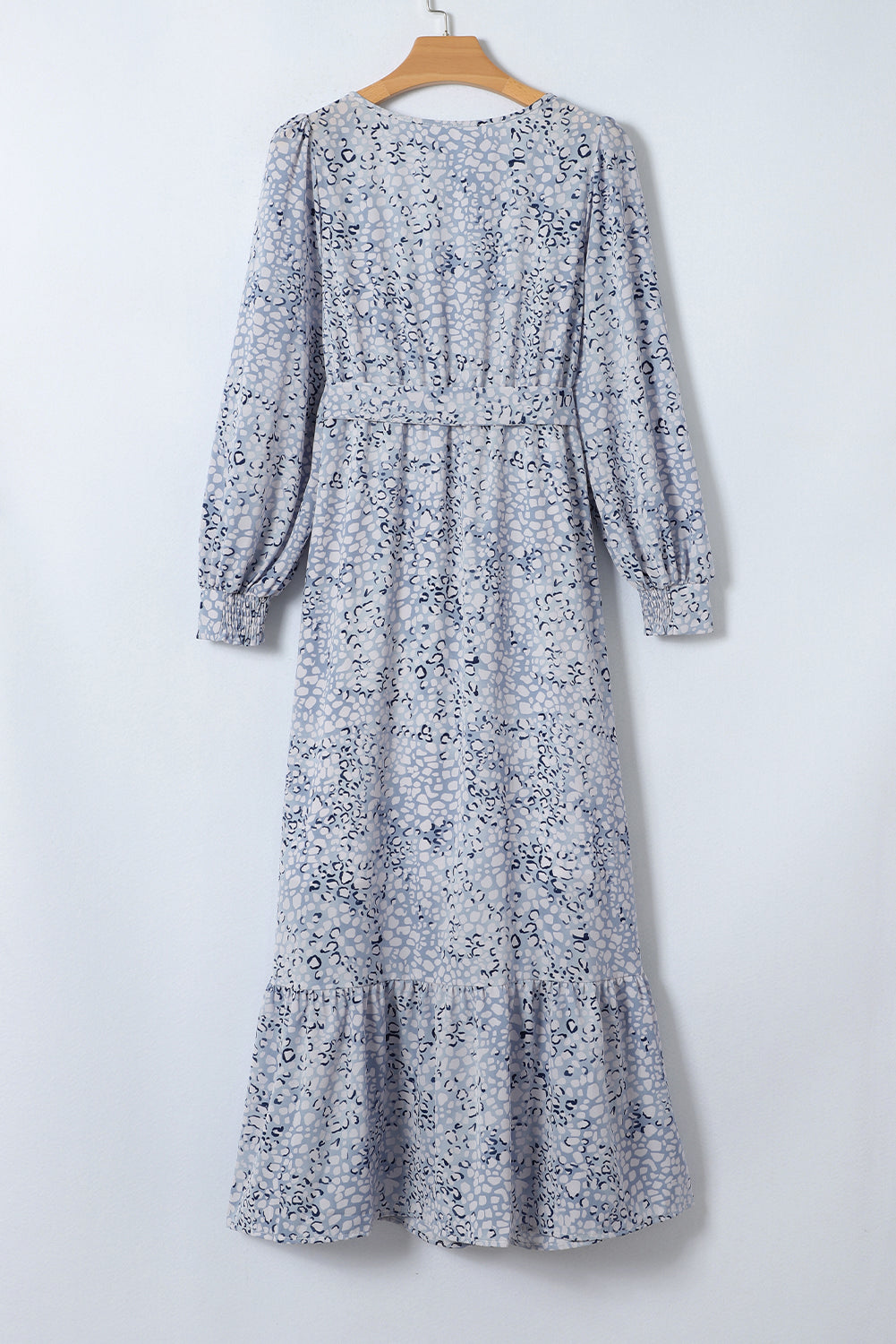 Sky Blue Printed Surplice V Neck Bubble Sleeve Sash Maxi Dress