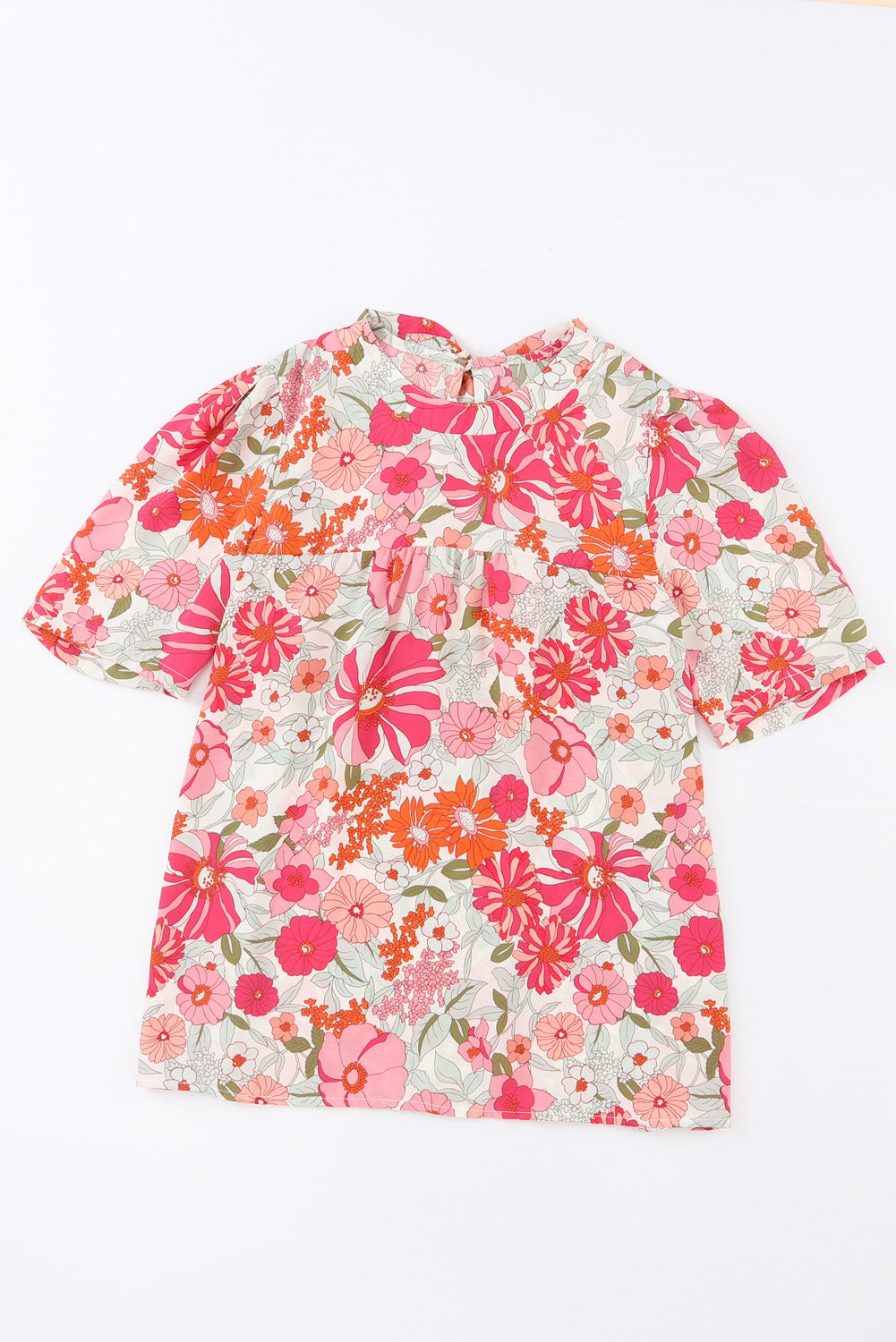 Multicolor Floral Print Tie Back Boho Short Sleeve Blouse