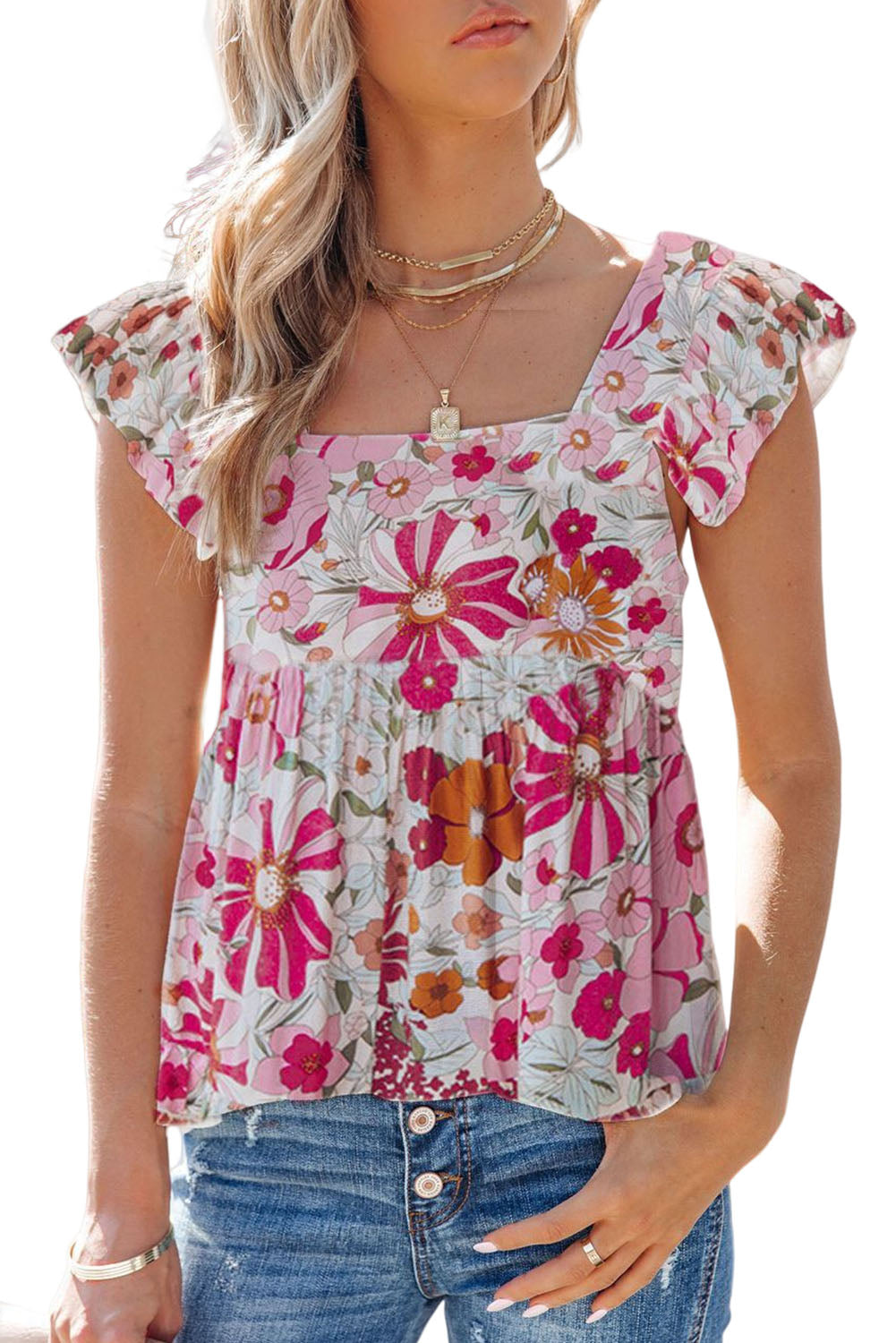 Multicolor Floral Print Flowy Flutter Sleeveless Shirt