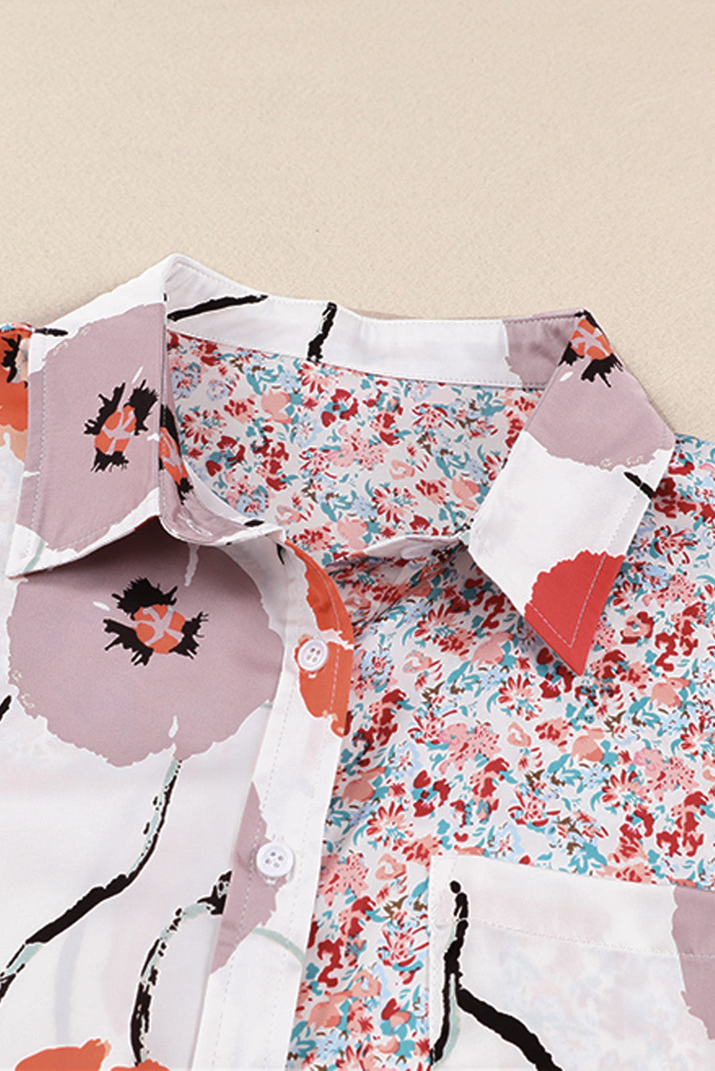 Red Bohemian Floral Pockets Patchwork Button Up Shirt