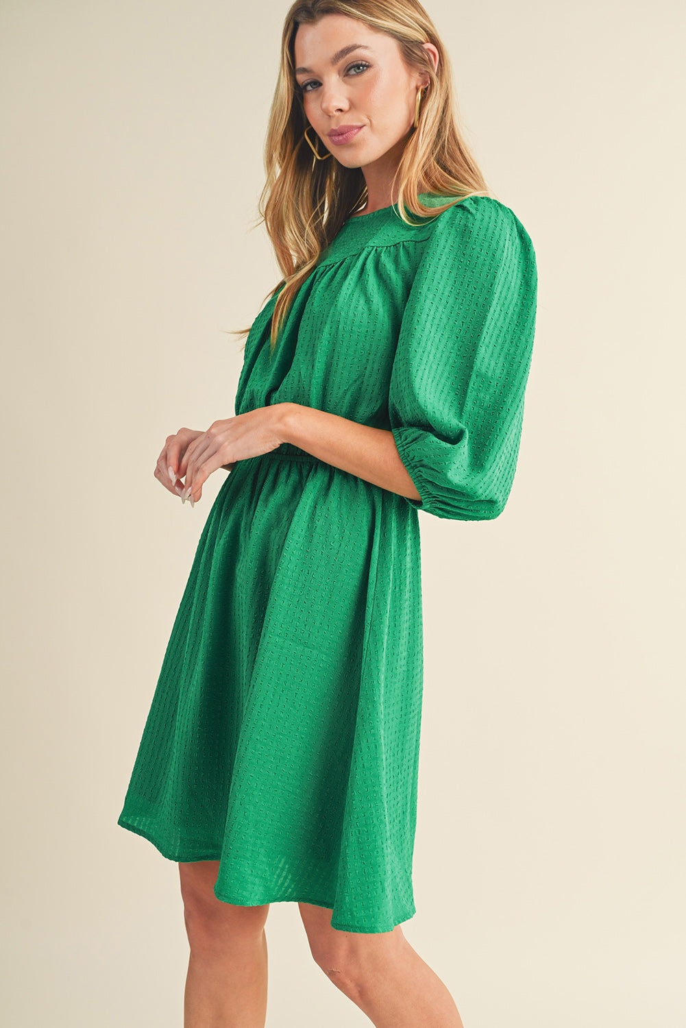 Dark Green Solid Color Round Neck Puff Sleeve Mini Dress