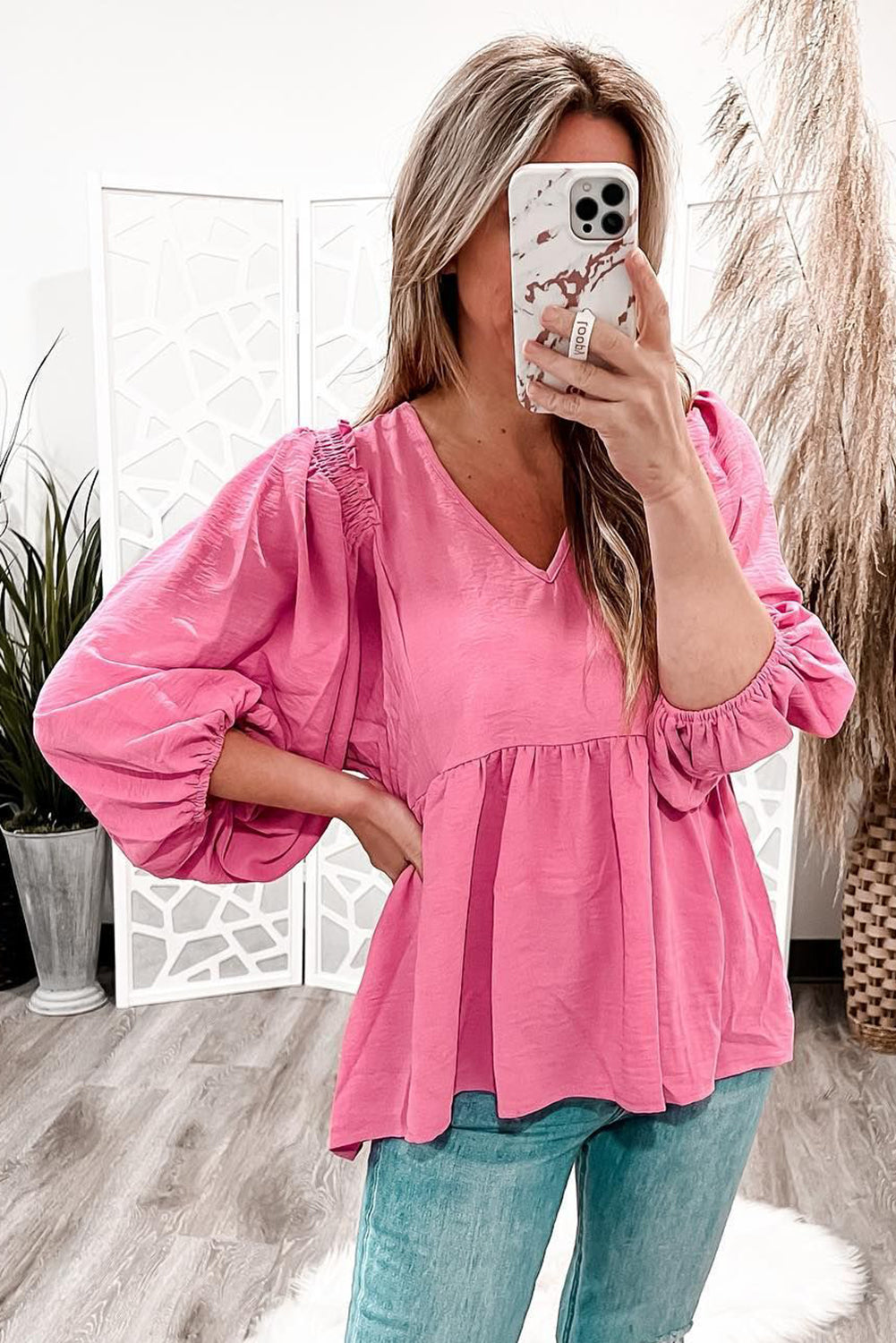 Pink Frilled V Neck Lantern Sleeve Babydoll Blouse